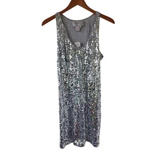 Mr Abbott Silver Sequin‎ Silk Lined Mini Dress V-Neck Racerback L NWT $450